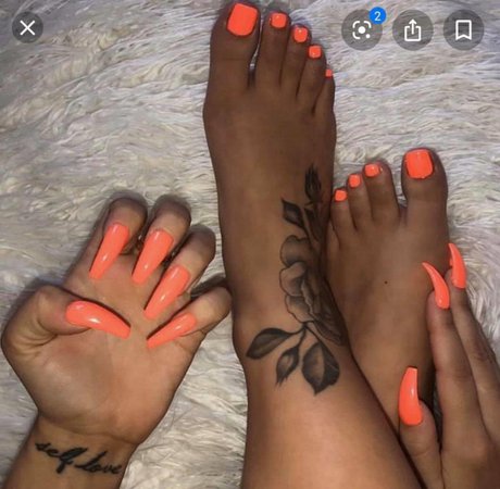orange mani pedi, rings, toe rings, tattoo, nails