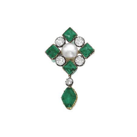 Natural pearl, emerald and diamond brooch, late 19th century