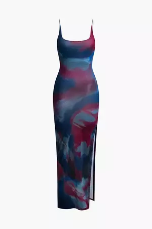 Tie Dye Backless Slit Slip Midi Dress – Micas