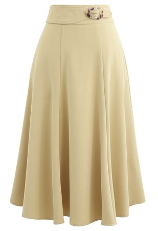 Marble Buckle Belted Flare Midi Skirt in Light Yellow - Retro, Indie and Unique Fashion