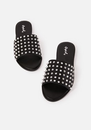 *clipped by @luci-her* Spiked Vegan Leather Slide Sandals - Black | Dolls Kill