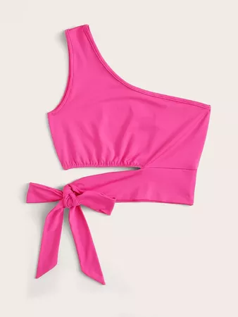 Neon Pink One Shoulder Tie Side Top | SHEIN USA