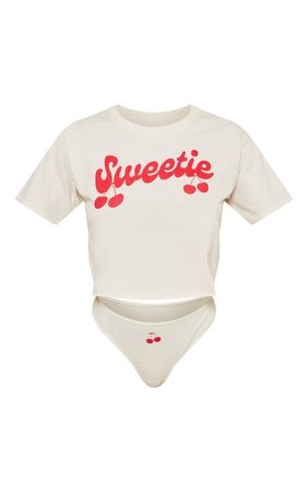 Cream Sweetie Crop T-Shirt & Brief Sleep Set | PrettyLittleThing CA