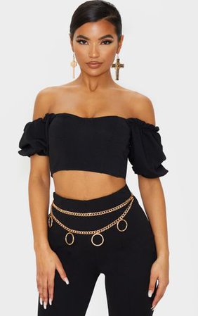 Black Textured Crepe Bardot Puff Sleeve Crop Top | PrettyLittleThing