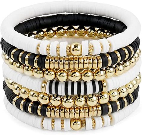 Amazon.com: Black And White Surfer Heishi Clay Bead Stretch Bracelet For Women Stackable Colorful Beaded Bohemian Fashion Jewelry: Clothing, Shoes & Jewelry