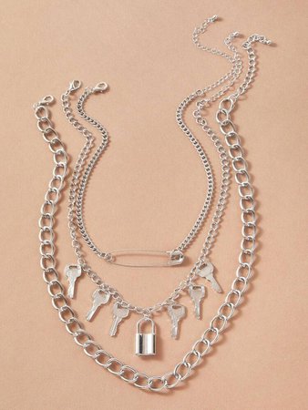 3pcs Lock & Key Charm Chain Necklace | SHEIN USA