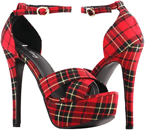 *clipped by @luci-her* Sexy Red Checkered Ankle Strap Open Toe Platform Stiletto Sandals