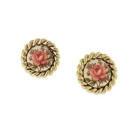 1928 Jewelry Gold Tone Ivory Color with Floral Decal Round Button Earrings