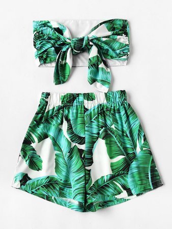 Leaf Print Random Bow Tie Crop Bandeau Top With Shorts | SHEIN