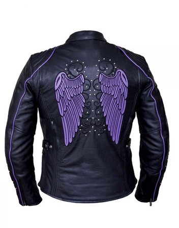Womens Premium Soft Cowhide Leather Motorcycle Jacket W Purple Tribal Wings, Studs