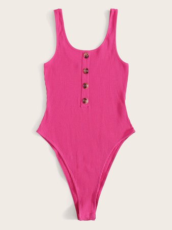 Neon Pink Buttoned Rib-knit High Cut Bodysuit | SHEIN USA