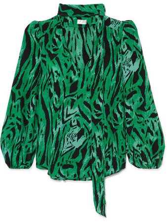 RIXO London - Moss Pussy-bow Printed Silk-georgette Blouse - Green