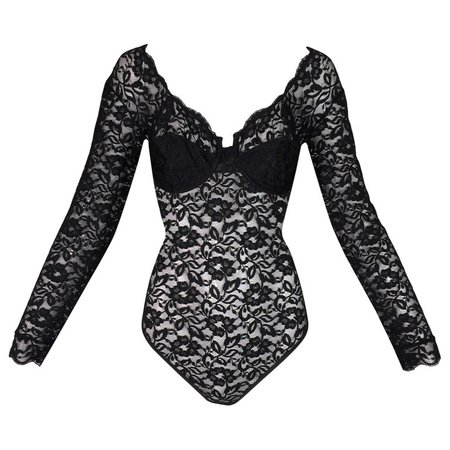 NWT 1990's Christian Dior Sheer Black Lace Pin-Up L/S Bodysuit Top For Sale at 1stdibs