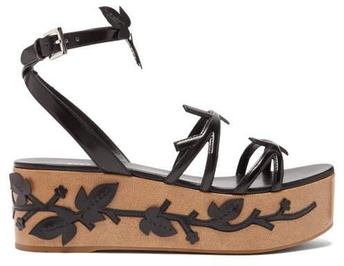 Flatform Floral Appliqued Leather Sandals - Womens - Black