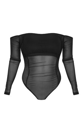 Black Sheer Gathered Bardot Bodysuit | Tops | PrettyLittleThing