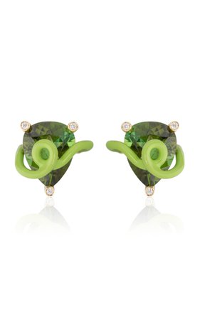 18k Yellow Gold Raven Stud Earrings With Green Tourmaline And Lime Green Enamel By Bea Bongiasca | Moda Operandi