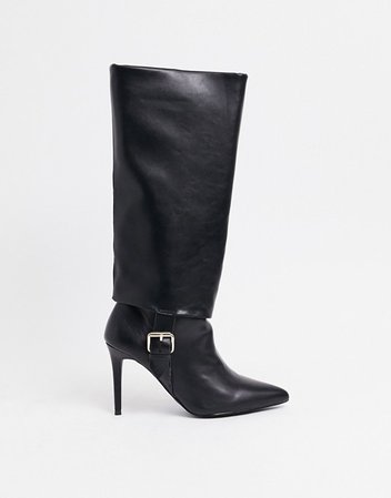 ASOS DESIGN Christy pull-on knee boots with buckles in black | ASOS