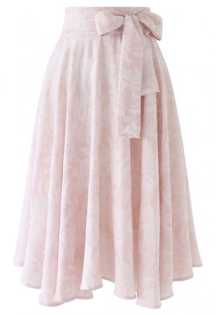 Sassy Leaves Jacquard Bowknot Waist Midi Skirt in Light Pink - NEW ARRIVALS - Retro, Indie and Unique Fashion