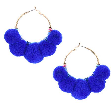 Amazon.com: KING Womens Hoop Tassels Earrings for Women Statement Pom Poms Drop Bohemian Dangle Earings(Blue Pompom): Jewelry
