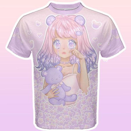 Teddy Bear Tears T- Shirt - All Over Top Cute Yume Kawaii Fairy Kei Harajuku Sad Crying Anime Moe Girl Teddy Bear Stars Pastel Pink Purple