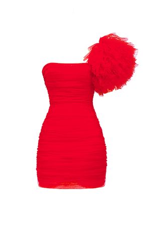 Clothing : Mini Dresses : 'Noelle' Scarlet Ruffle Sleeve Dress