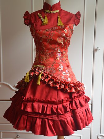 Milanoo.com Classic Red Satin Qi Lolita Dress Sleevesless Plum Blossom Printed Ruffles