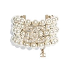 Metal, Glass Pearls & Glass Gold & Pearly White Bracelet | CHANEL | ShopLook