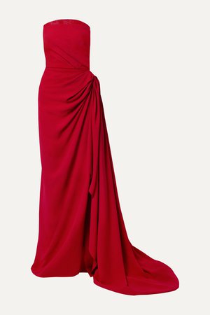 Crimson Strapless draped embellished tulle-trimmed cady gown | Oscar de la Renta | NET-A-PORTER