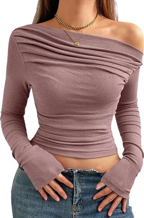 Meetrendi Women Sexy Off Shoulder Top Slim Fit Long Sleeve Going Out Asymmetrical Crop Top Y2K Tight Ruched T Shirts at Amazon Women’s Clothing store