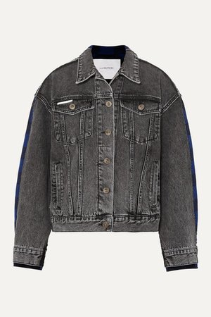 Paneled Acid-wash Denim And Checked Flannel Jacket - Gray