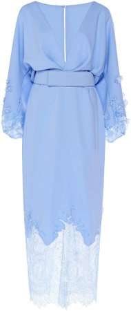 Costarellos Crepe Plunging Neckline Blouson Dress With French Lace Hem