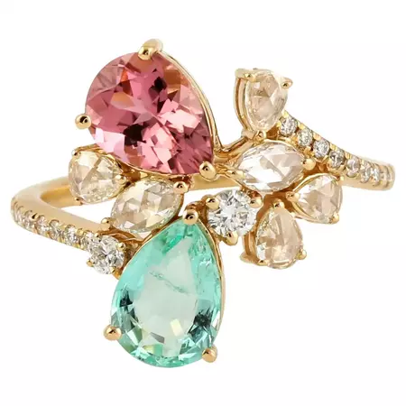 Tourmaline Emerald Rosecut Diamond 14 Karat Gold Ring For Sale at 1stDibs