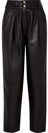 Pleated Leather Tapered Pants - Black