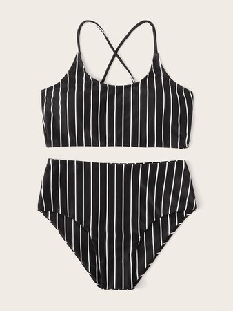 Striped Lace Up Back High Waist Bikini Swimsuit | SHEIN USA