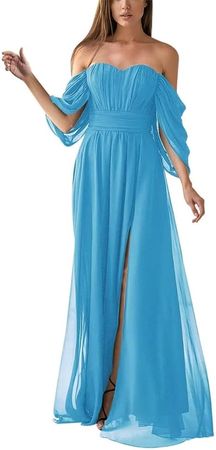 ANYSWBKN Cold Shoulder Juniors Bridesmaid Dresses for Wedding Long Chiffon Formal Evening Gown with Sleeves at Amazon Women’s Clothing store