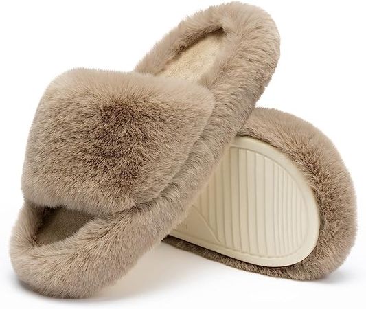 Light Brown Chantomoo Women's Slippers Memory Foam House Bedroom Slippers for Women Fuzzy Plush Comfy Faux Fur Lined Slide Shoes Anti-Skid Sole Trendy Gift Slippers | Shoes