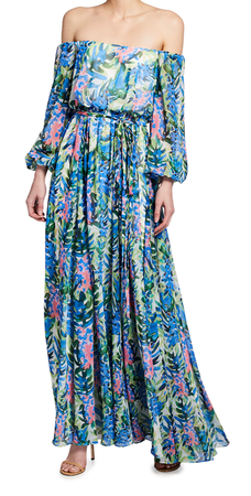 Badgley Mischka Collection Floral Print Off-the-Shoulder Chiffon Gown