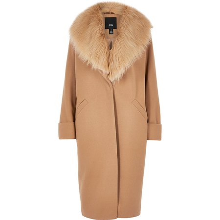 Beige faux fur collar longline coat | River Island