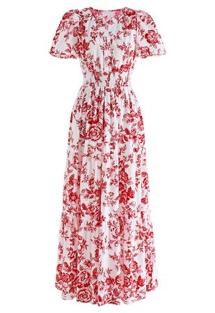 Ebullient Red Flower Printed Maxi Dress - Retro, Indie and Unique Fashion