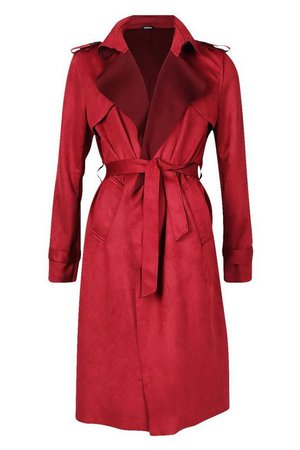 Faux Suede Belted Trench Coat | Boohoo burgundy