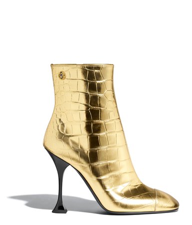 Ankle Boots, crocodile embossed metallic calfskin, gold - CHANEL