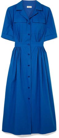 Pleated Cotton-piqué Midi Dress - Blue