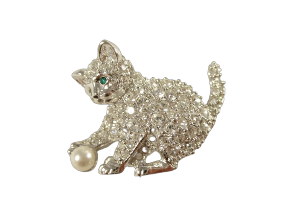 Vintage Swarovski Silver Cat Brooch , SIGNED Kitten and Pearl Ball Figural Pin - Jewelry Swan Stamped