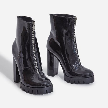 Mamba Zip Detail Cleated Sole Ankle Boot In Black Patent | EGO