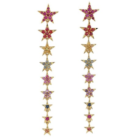 Multi Sapphire 18 Karat Gold Star Drop Earrings For Sale at 1stDibs