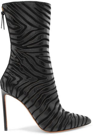 Zebra-appliquéd Leather And Suede Boots - Black