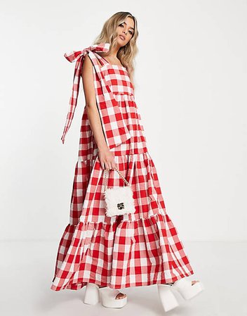 Sister Jane tiered maxi dress in red gingham with bow back straps | ASOS