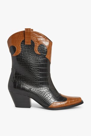 Faux croc cowboy boots - Black and tan - Boots - Monki WW