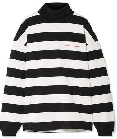 Chynatown Oversized Striped Cotton Turtleneck Sweatshirt - Black