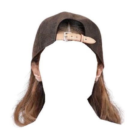 straight brown hair black gray faded denim backwards baseball hat